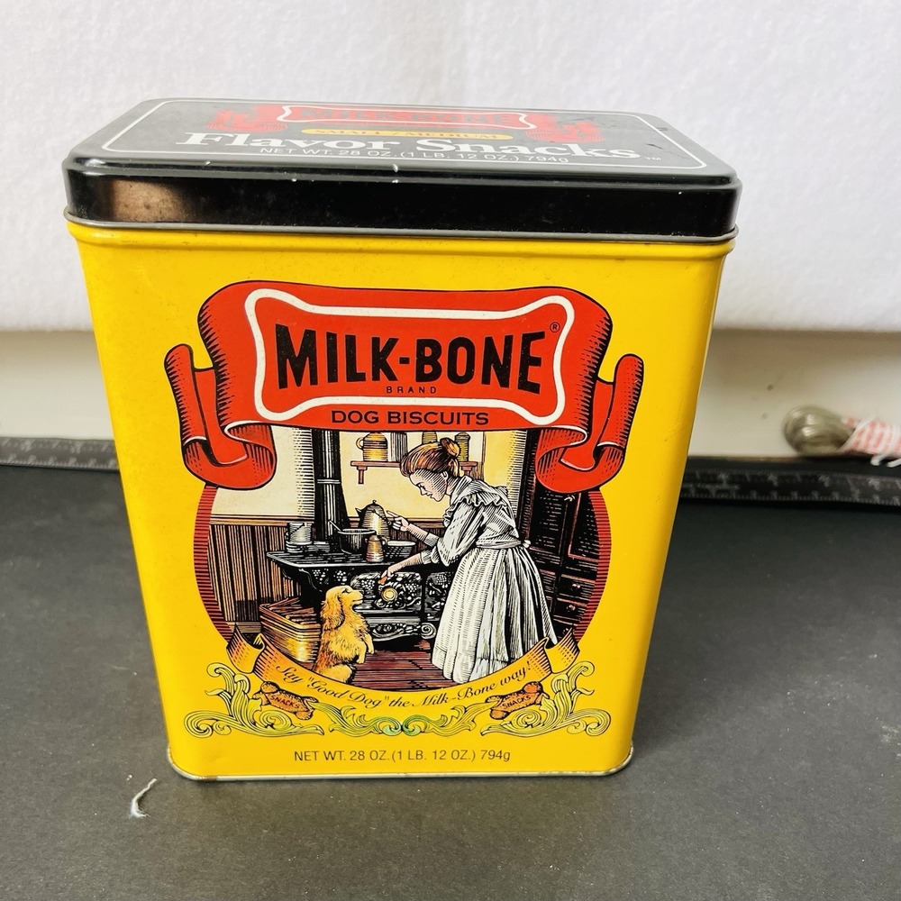 Vintage Milk Bone Dog Biscuit Tin Red Yellow Collectible Metal Storage Container